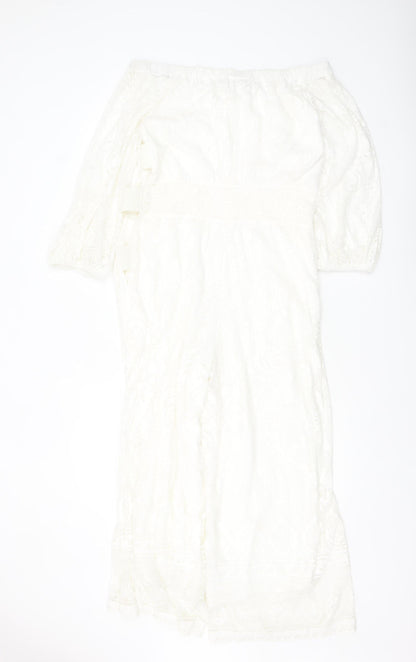FARM Rio for Anthropologie Womens White Off Shoulder Lace Jumpsuit M