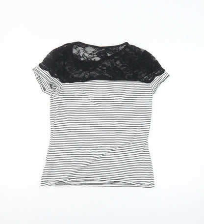 H&M Women Black Striped Lace Short Sleeve Cotton T-Shirt Size 12
