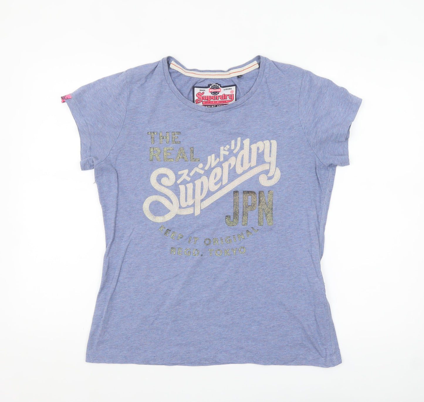 Superdry Women's Blue Glitter Logo T-Shirt XL Crew Neck