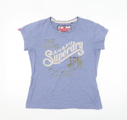 Superdry Women's Blue Glitter Logo T-Shirt XL Crew Neck