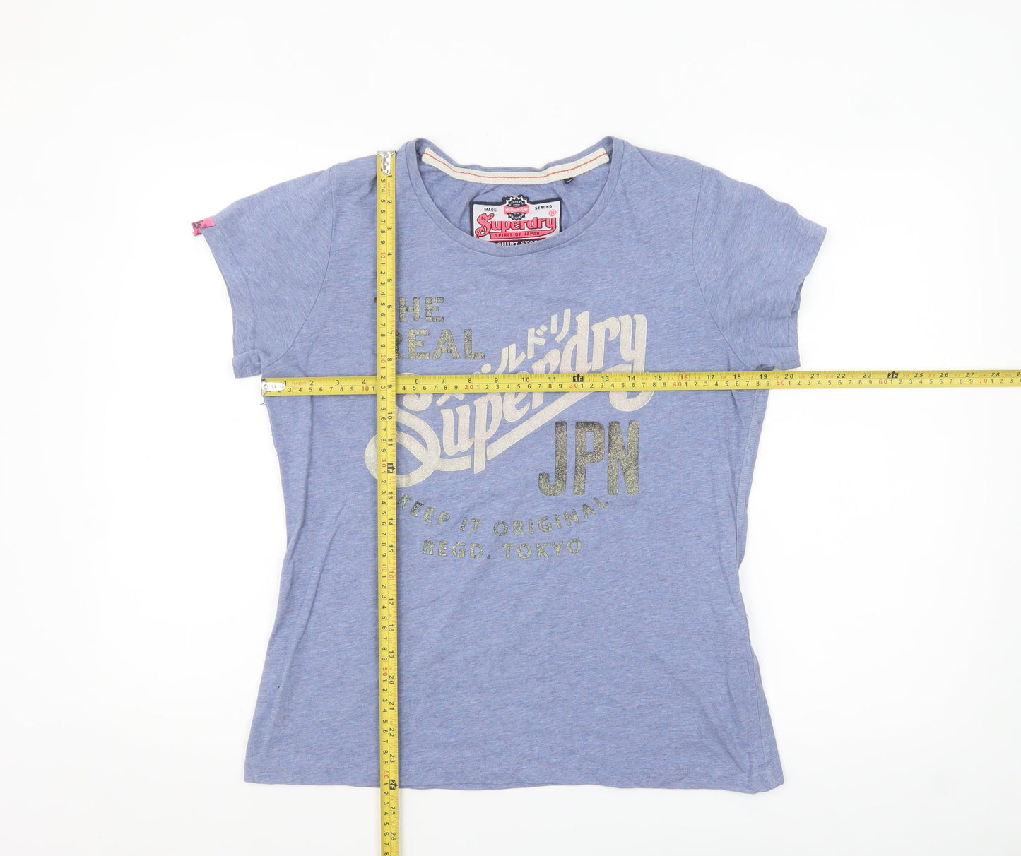 Superdry Women's Blue Glitter Logo T-Shirt XL Crew Neck