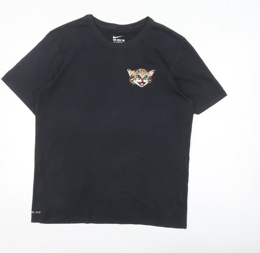 Nike Men Black Dri-FIT Cat Graphic Athletic Fit T-Shirt Size L