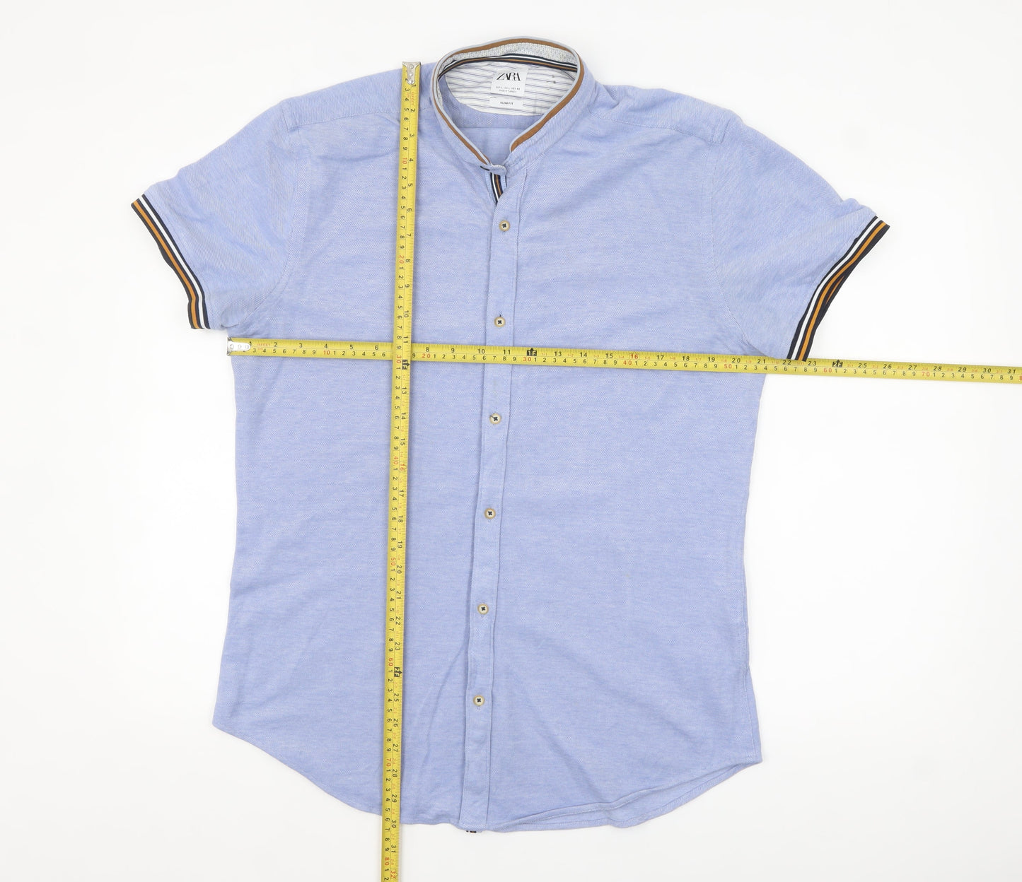 Zara Men's Blue Slim Fit Short Sleeve Band Collar Button-Up Shirt Size L