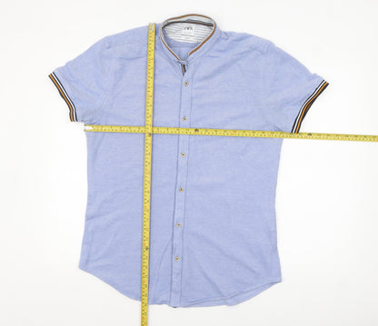 Zara Men's Blue Slim Fit Short Sleeve Band Collar Button-Up Shirt Size L