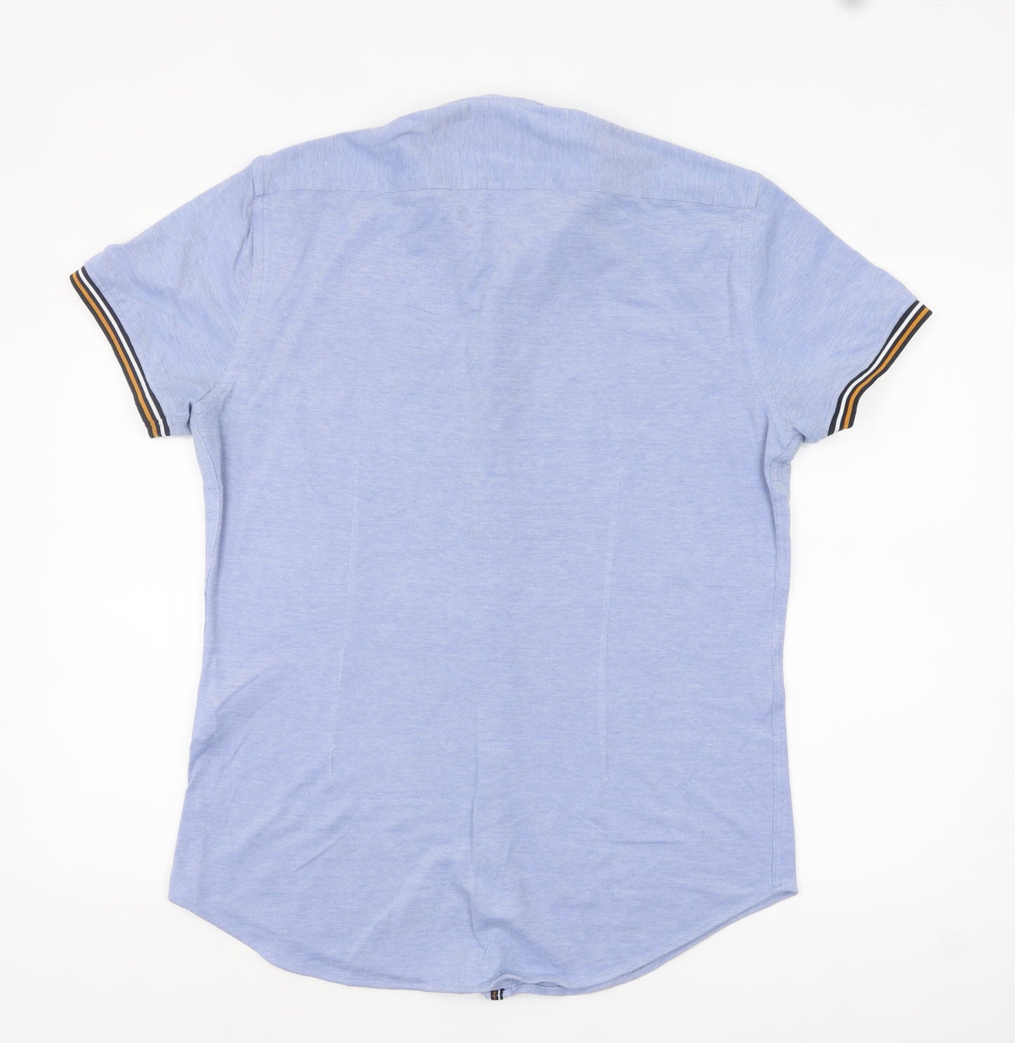 Zara Men's Blue Slim Fit Short Sleeve Band Collar Button-Up Shirt Size L