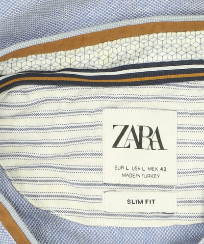 Zara Men's Blue Slim Fit Short Sleeve Band Collar Button-Up Shirt Size L