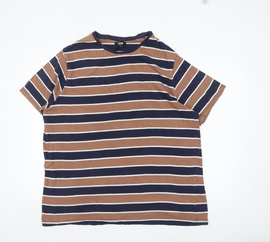 Jacamo Men's Brown and Blue Striped Cotton Crew Neck T-Shirt XL