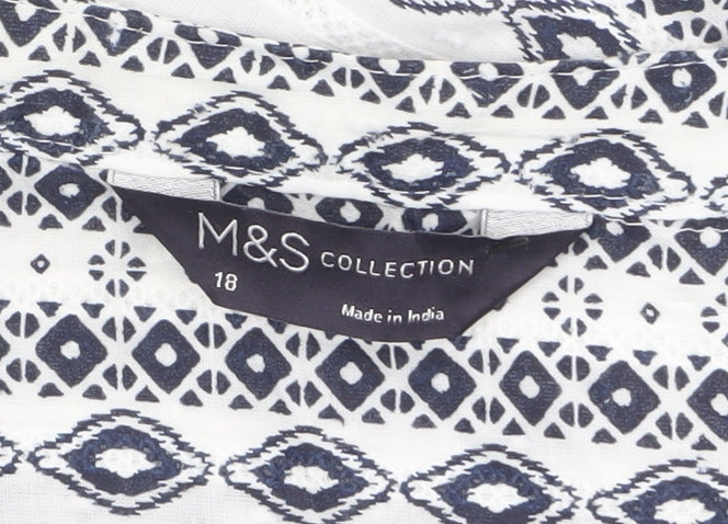 Marks and Spencer Womens White Geometric Cotton Tunic Blouse Size 18