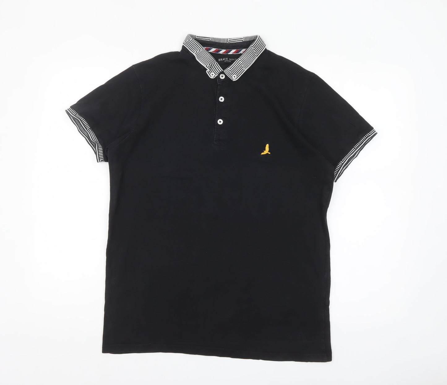 Brave Soul Men's Black Cotton Polo Shirt M Button Collar Casual