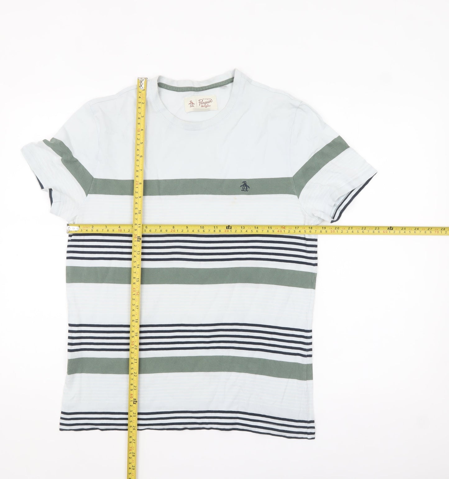 Original Penguin Men's White Green Striped Crew Neck T-Shirt M
