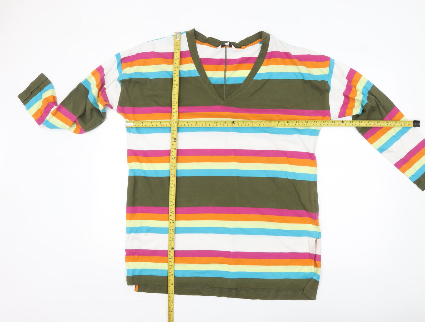 Next Women’s Multicoloured Stripe V-Neck Cotton 3/4 Sleeve T-Shirt Size 16