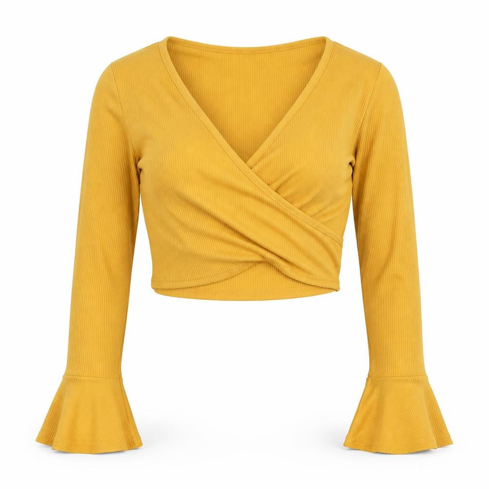 Boohoo Women’s Yellow Cropped Wrap Blouse Size 6 Long Sleeve
