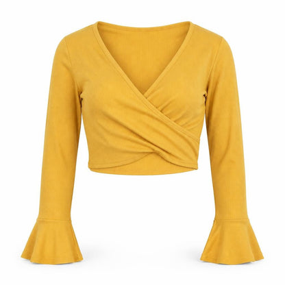 Boohoo Women’s Yellow Cropped Wrap Blouse Size 6 Long Sleeve