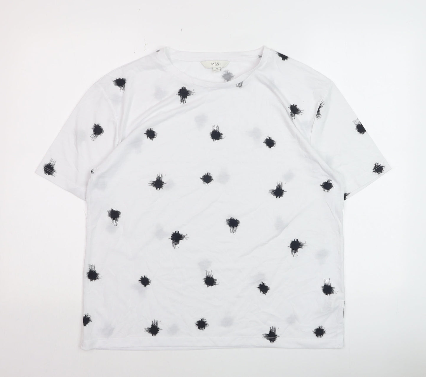 Marks and Spencer Women’s White Black Print Cotton Blend T-Shirt Size 14