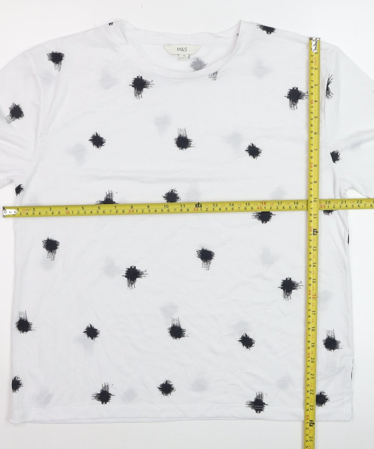 Marks and Spencer Women’s White Black Print Cotton Blend T-Shirt Size 14