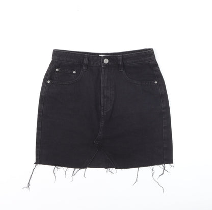 Pull & Bear Women’s Black Denim Mini Skirt Size S High Rise Frayed Hem