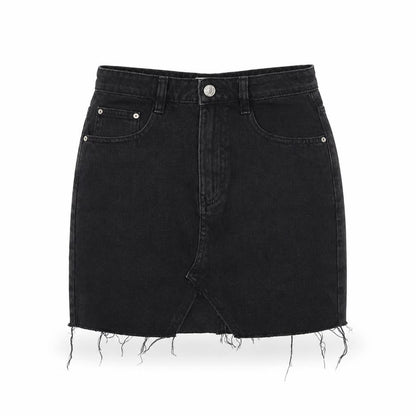 Pull & Bear Women’s Black Denim Mini Skirt Size S High Rise Frayed Hem