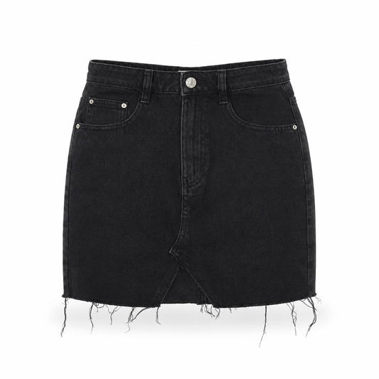 Pull & Bear Women’s Black Denim Mini Skirt Size S High Rise Frayed Hem