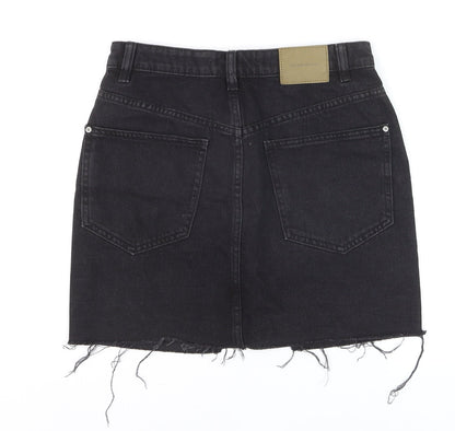 Pull & Bear Women’s Black Denim Mini Skirt Size S High Rise Frayed Hem
