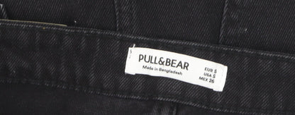 Pull & Bear Women’s Black Denim Mini Skirt Size S High Rise Frayed Hem