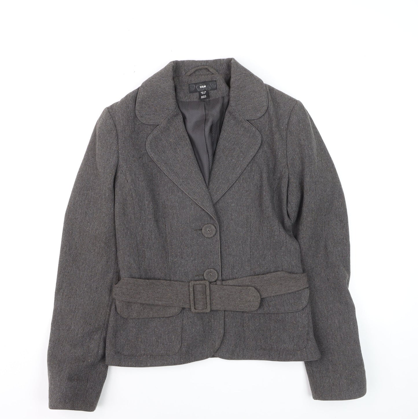 H&M Women Grey Wool Blend Belted Suit Jacket Size 8