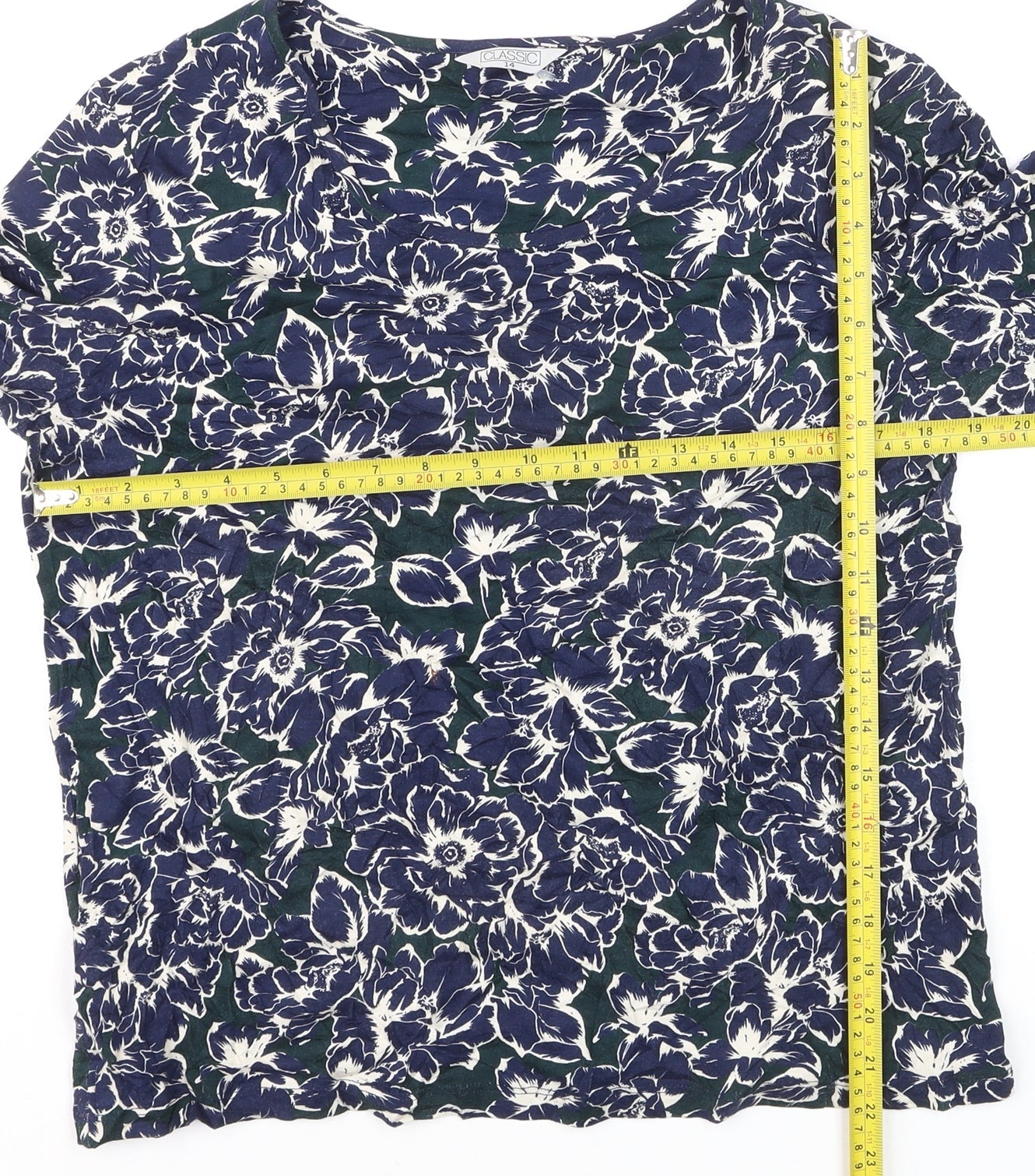 Classic Women's Blue Floral Tunic Blouse Size 14 Viscose Stretch 3/4 Sleeve