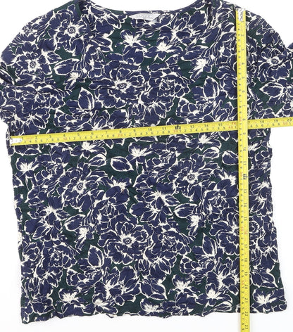 Classic Women's Blue Floral Tunic Blouse Size 14 Viscose Stretch 3/4 Sleeve