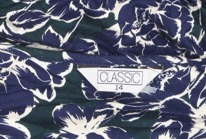 Classic Women's Blue Floral Tunic Blouse Size 14 Viscose Stretch 3/4 Sleeve