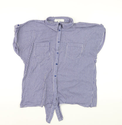 Eden & Olivia Women's Blue Striped Button-Up Short Sleeve Cotton Shirt M