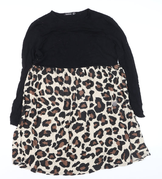 Boohoo Womens Black Leopard Skater Dress Size 12 Long Sleeve