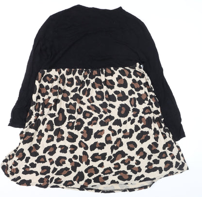 Boohoo Womens Black Leopard Skater Dress Size 12 Long Sleeve