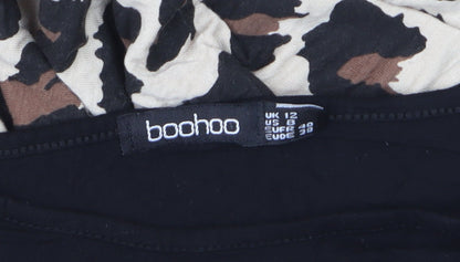 Boohoo Womens Black Leopard Skater Dress Size 12 Long Sleeve