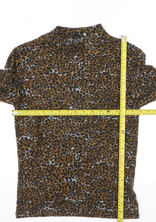 Pull & Bear Women’s Brown Leopard Mock Neck Long Sleeve Stretch Top Size 10
