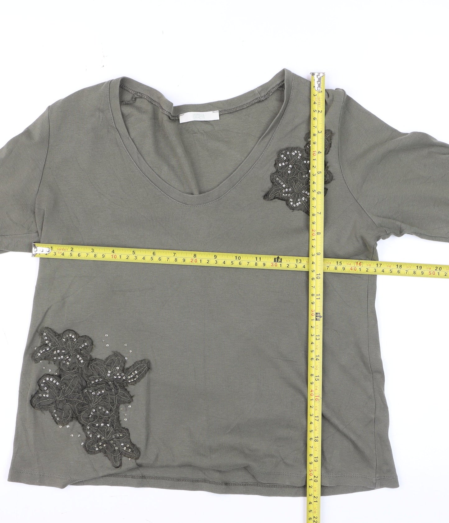 Marks and Spencer Women’s Grey Embellished 3/4 Sleeve Cotton T-Shirt Size M