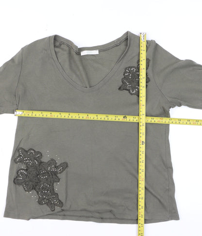 Marks and Spencer Women’s Grey Embellished 3/4 Sleeve Cotton T-Shirt Size M