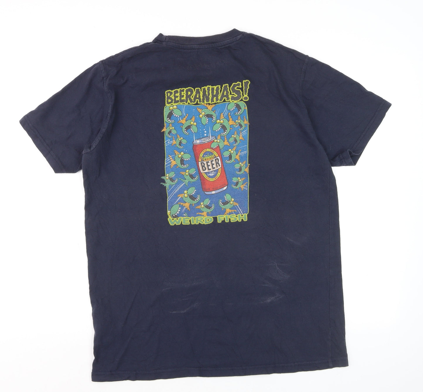 Weird Fish Men's Navy Blue Beeranhas Graphic Cotton T-Shirt Size M