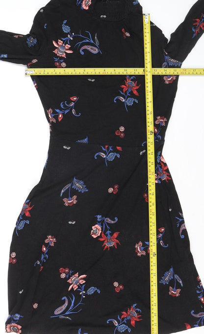 Warehouse Womens Black Floral A-Line Dress Size 6 Long Sleeve