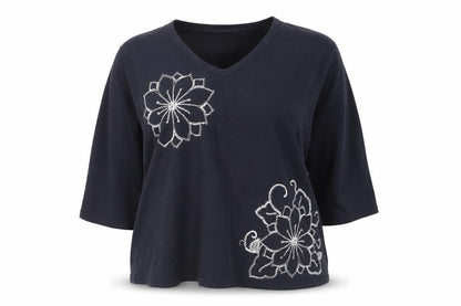 East Coast Women's Black Beaded Floral 3/4 Sleeve V-Neck Cotton T-Shirt Size 18