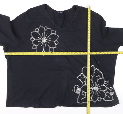 East Coast Women's Black Beaded Floral 3/4 Sleeve V-Neck Cotton T-Shirt Size 18