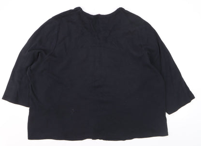 East Coast Women's Black Beaded Floral 3/4 Sleeve V-Neck Cotton T-Shirt Size 18
