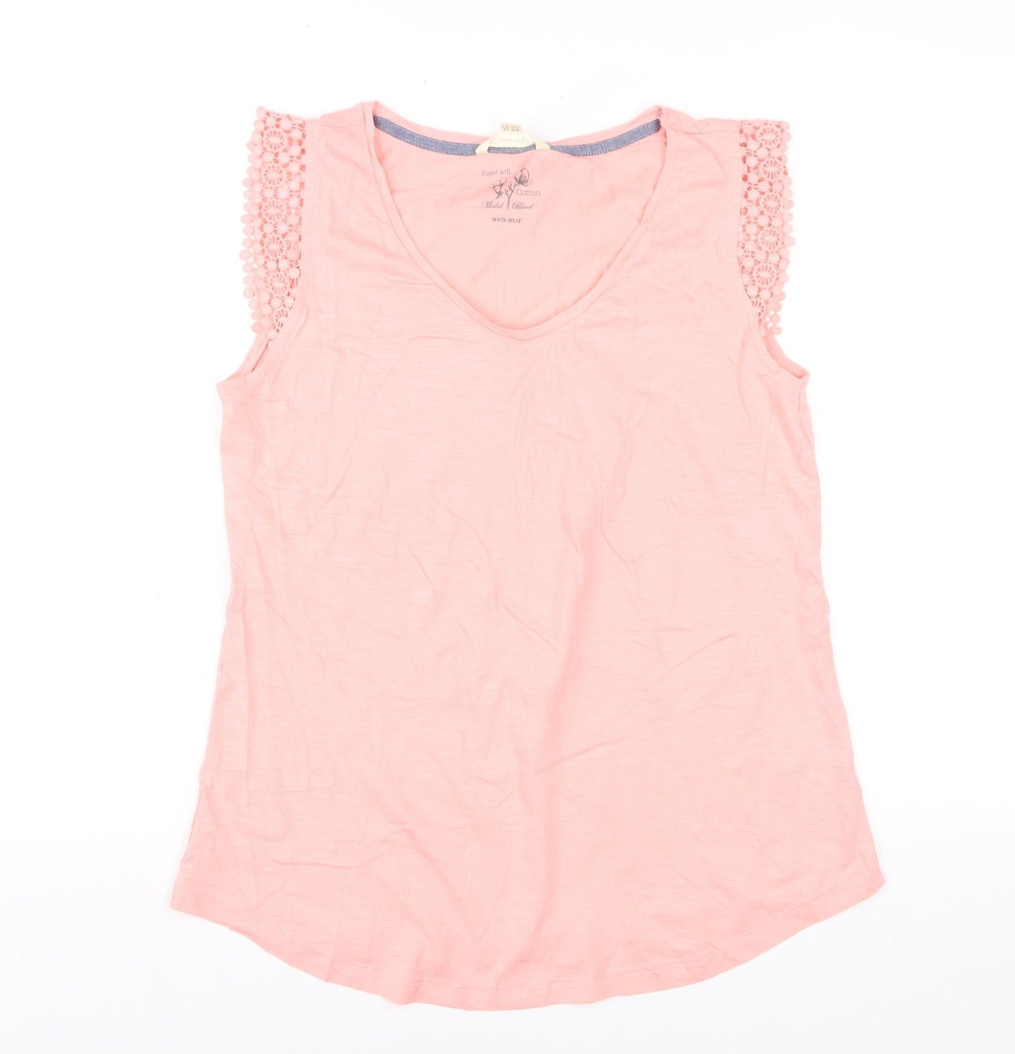 White Stuff Womens Pink Crochet Sleeve V-Neck Cotton Modal T-Shirt UK 14