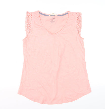 White Stuff Womens Pink Crochet Sleeve V-Neck Cotton Modal T-Shirt UK 14