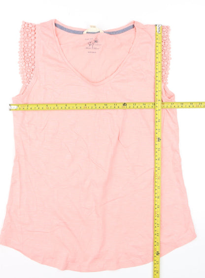 White Stuff Womens Pink Crochet Sleeve V-Neck Cotton Modal T-Shirt UK 14