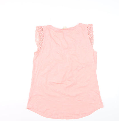 White Stuff Womens Pink Crochet Sleeve V-Neck Cotton Modal T-Shirt UK 14