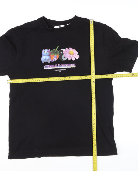 Collusion Women's Black Graphic Relaxed Fit Cotton T-Shirt Size M
