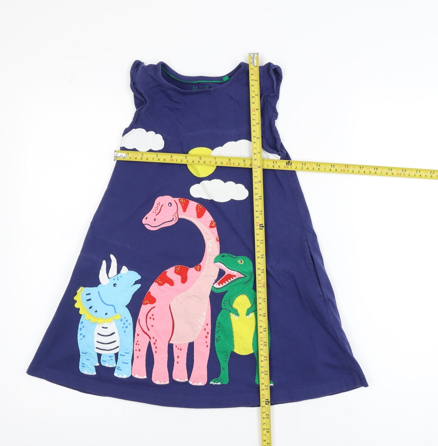 Mini Boden Girls Blue Dinosaur Appliqué Cotton A-Line Dress 6-7 Years