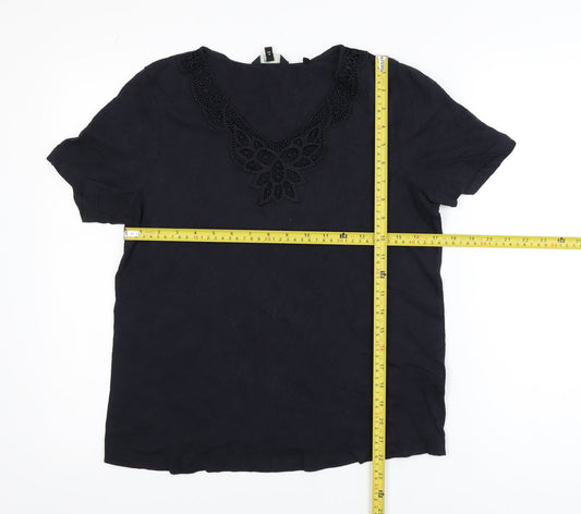Next Women Black Cotton Crochet V-Neck Tunic Top Size 10