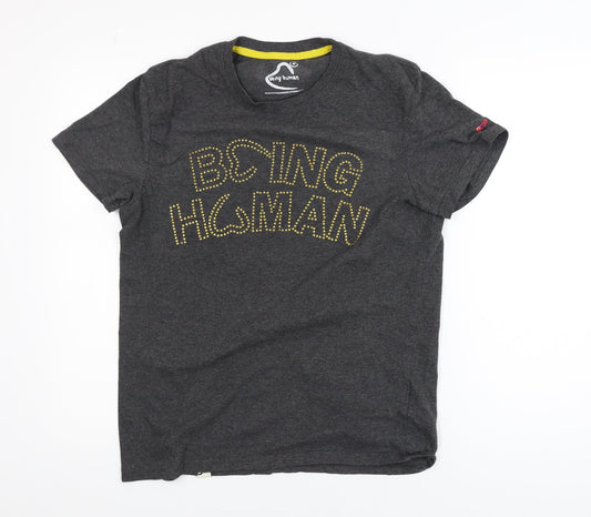 Being Human Men's Grey Studded Logo Crew Neck T-Shirt Size M