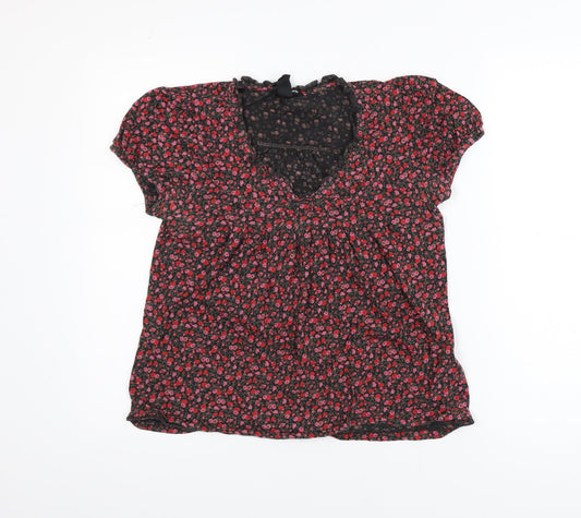 H&M Women's Black Floral Cotton Tunic Blouse Size 12