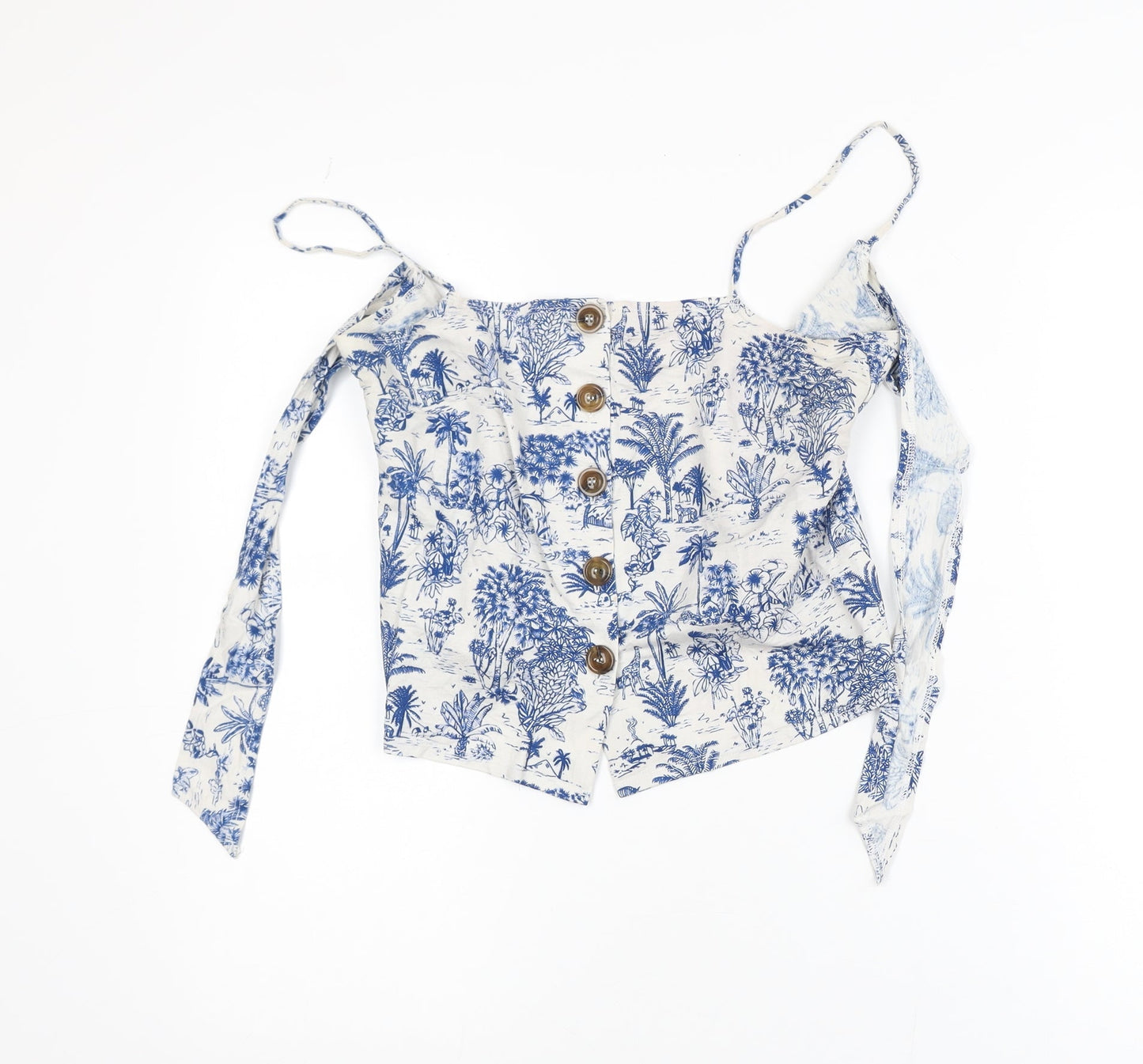 Topshop Women Blue Off Shoulder Cropped Button Blouse Size 8
